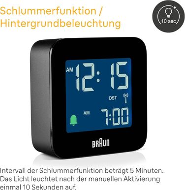 Braun Digital Travel Alarm Clock, Central European Time (CET) zone with snooze function, compact size, negative LC display, crescendo alarm in black, model BC08B-DCF.