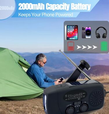 Сонячне радіо з ручним заводом 2000 mAh, AM/FM/NOAA, USB-зарядка, зарядний пристрій для телефону, SOS-сигнал, LED-ліхтарик для кемпінгу та походів (чорний)