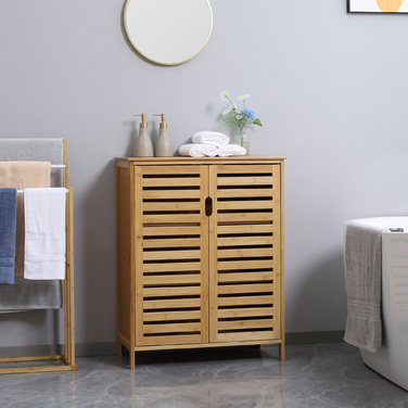 Kleankin Bathroom Cabinet, Vanity Storage Cabinet, Sideboard with 2 Slatted Doors, 2 Interior Shelves, Bamboo Storage Cabinet for Bathroom, Living Room 68 x 32 x 86 cm Natural | Aosom