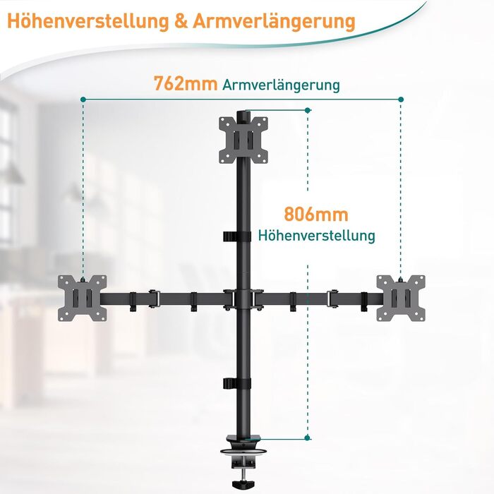 Тримач для моніторів ELIVED EV4013 на 3 монітори, 17-32 дюйми, VESA 75/100mm, регулювання висоти, 80 см