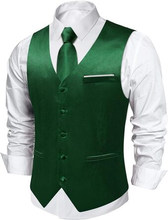 Костюм-жилет та краватка DiBanGu з атласу, 8 предметів, однотонний жилет та метелик з булавкою для смокінгу, весілля, формальних заходів (L, смарагдовий)