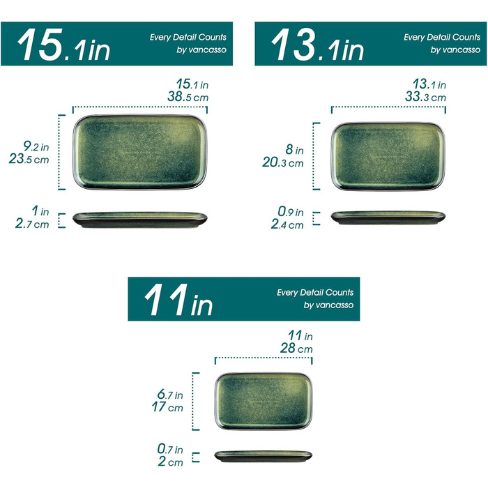 Набір тарілок Vancasso Stern (3 шт.) з кераміки: тарілки для їжі, десерту, випічки та сніданку, зелені