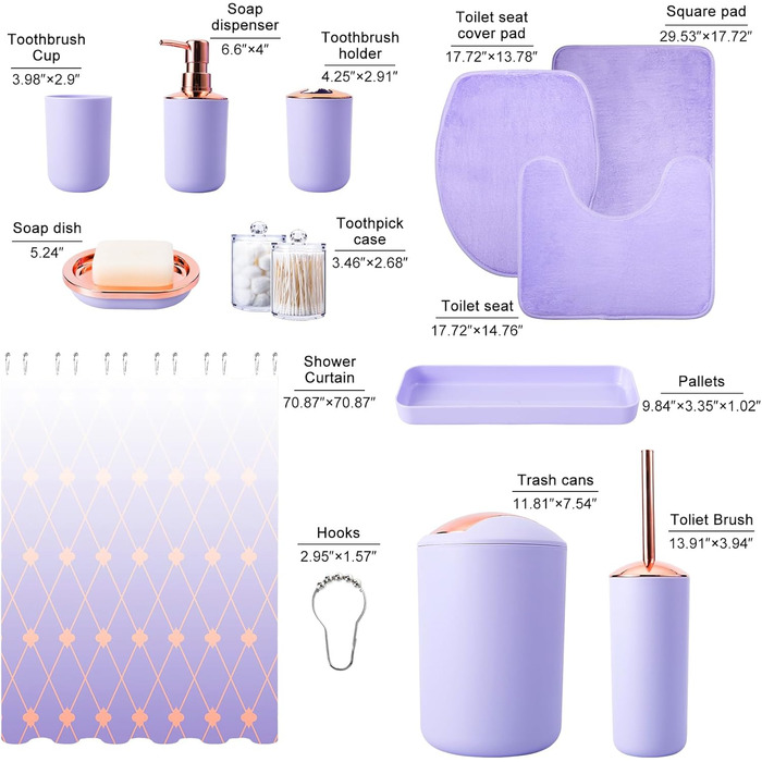 9-Piece Bathroom Accessories Set – Trash Can, Soap Dispenser Set, Soap Dish, Toilet Brush with Holder, Toothbrush Holder, Cup, Tray, Cotton Swab Holder, (Violet Bathroom Set + Shower Curtain + Rugs)