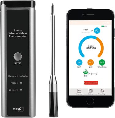 Беспроводний термометр для м'яса TFA Dostmann SMART BBQ 70 м, 14.1515.10 - для гриля/духовки/фритюрниці, миється, чорно-сірий