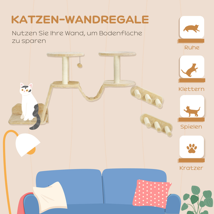 PawHut Комплект для котячих кліматичних стін, 3 штуки, котячі меблі з котячим шкребком, опорними стійками, драбиною, сходами, шкребком, для котів вагою до 5 кг, сизаль, бежевий | Aosom