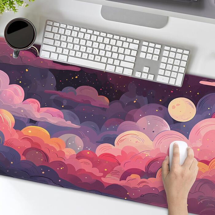 Килимок для миші Japanisches Mauspad, 90 x 40 см, у стилі аніме, дизайн мистецтва, великий ігровий килимок, клавіатура, підкладка під стіл, нековзна гумова основа, прошиті краї, для дому та офісу (XX-Large, Рожевий, Фіолетовий, Хмара)