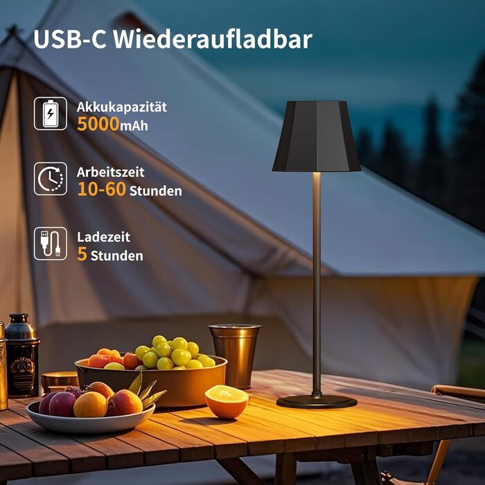 Бездротова LED-лампа Suright для столу з 3 кольоровими режимами + RGB, регульована яскравість, сенсорне управління, водонепроникність IP54, чорна