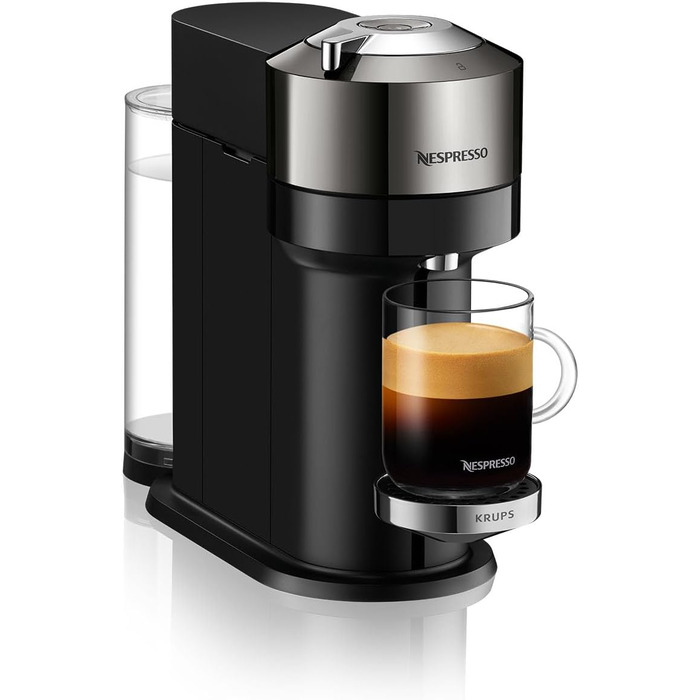 Кавомашина Nespresso Vertuo Next Krups XN910C: 6 розмірів чашок, автоматичне розпізнавання капсул, об'єм резервуару 1.1 л, 54% з переробленого пластику, темне хромоване покриття
