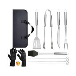 Набір гриля 9 предметів + термостійкі рукавиці для гриля, 800°C, нержавіюча сталь, аксесуари для гриля, набір інструментів для гриля з отворами для підвішування
