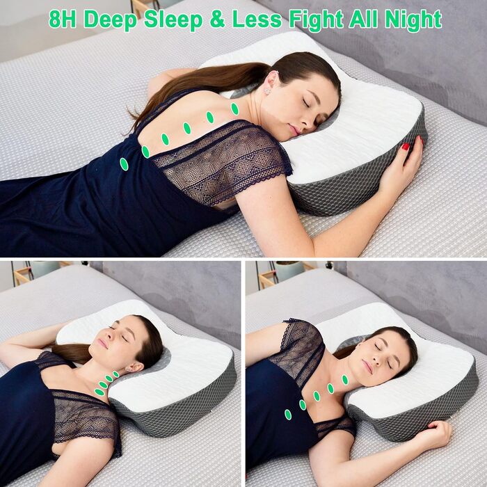 Elviros Orthopedic Memory Foam Pillow, Head Pillow for Neck Pain, Sleep Pillow, Ergonomic Neck Roll, Neck Support Pillow for Shoulder Pain, Anti-Snoring Pillow for Side Sleepers Dark Grey 60 x 38.6 x 9.9/13.5 cm