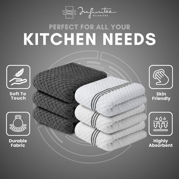 Premium Kitchen Towels - 6 Pack, 100% Cotton, 15 x 25 inches (38.1 x 63.5 cm), Absorbent Dish Towels - 425 g/m² Dish Towel, Terry Cloth, Kitchen Towels, Grey Dish Towel for Household Cleaning by Infinitee