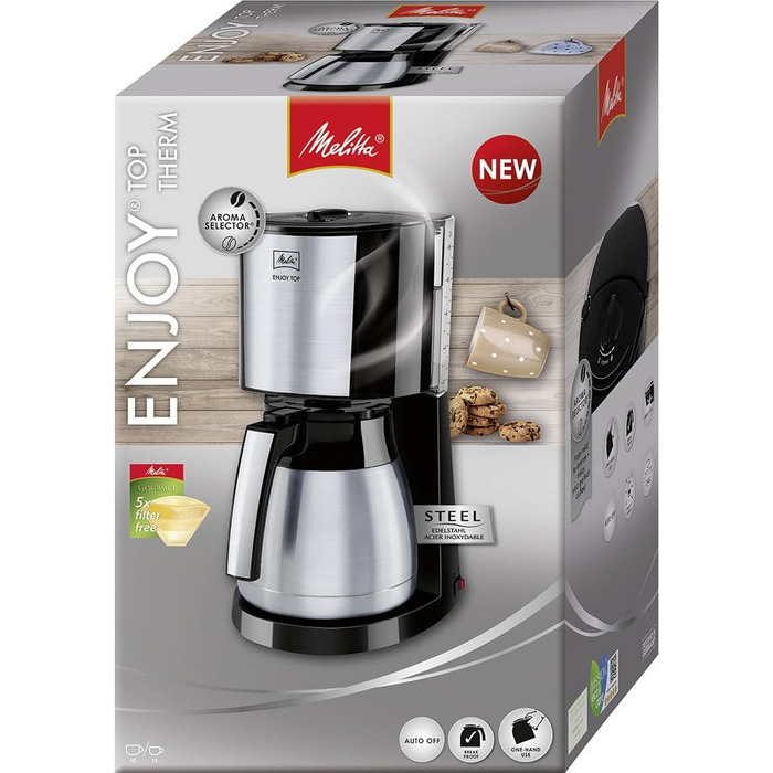 Кавомашина Melitta Enjoy Top з функцією Tropfstopp, 10 чашок, чорна, з термокана, Single