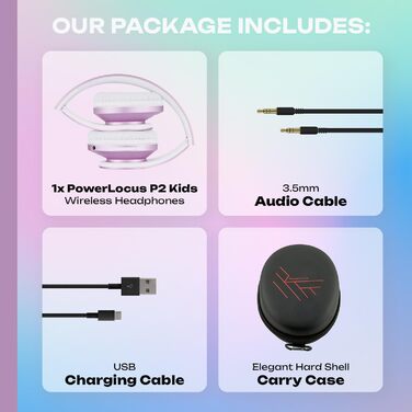 Дитячі навушники PowerLocus Bluetooth з обмежувачем гучності 85dB, складні, з чохлом, Over-Ear, бездротові та провідні з мікрофоном, Micro-SD, для телефону, ПК, планшета, фіолетові