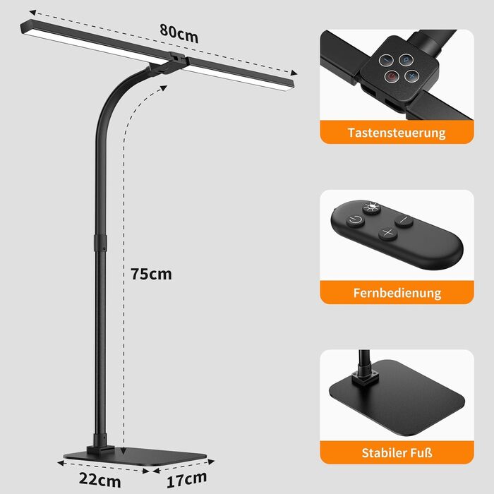 LED лампа для столу Doppelkopf з регулюванням яскравості, 24W, 80см, 5 температур кольору, 5 рівнів яскравості, для роботи, дому, офісу, навчання та читання, чорна
