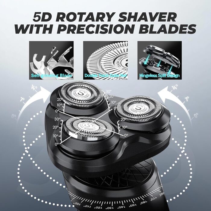 Електричний чоловічий бритва SweetLF з прецизійним тримером, мокрий/сухий, 5D ротаційний, перезаряджуваний, з блокуванням від перенесення, бездротовий (чорний)
