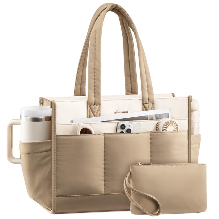 Сумка жіноча LOVEVOOK Shopper бежево-хакі, 15.6 дюймів: для ноутбука, роботи, університету, школи. 14 відділень, тримач для пляшки