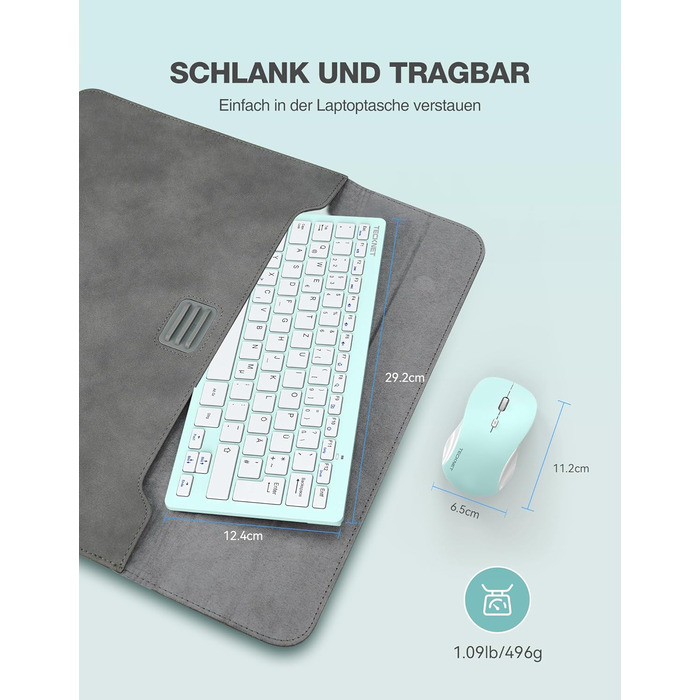 Бездротова клавіатура та миша TECKNET QWERTZ, 2.4 GHz, 15м, тиха, для ПК, ноутбука, Smart TV, білий (зелений)
