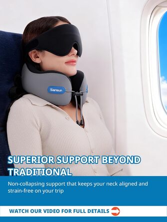 Подушка для шиї у літак Travel Pillow, подушка для подорожей з ременем та 3D-маскою для сну, Memory Foam, чорна