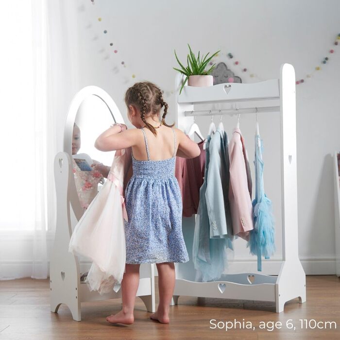 Standing Mirror for Children, Ages 3-7, Wood Kids' Mirror, Nursery, Mirror for Kids' Room, Kids' Mirror with Storage, Girl's Freestanding Standing Mirror White, Christmas Gifts (Clothes Rack)
