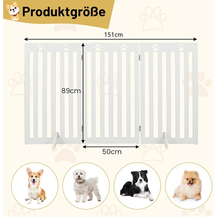 Захисний бар'єр для собак Costway 89 см, дерев'яне огорожа, дитяче ворота, розкладне, для захисту сходів, гнучкий бар'єр (3 панелі, білий)