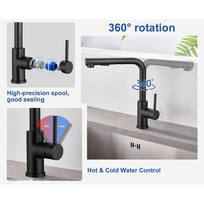 Висувна кухонна змішувач з душем, 360° поворот, кухонна арматура з двома режимами струменя, з нержавіючої сталі, чорний, з висувною насадкою