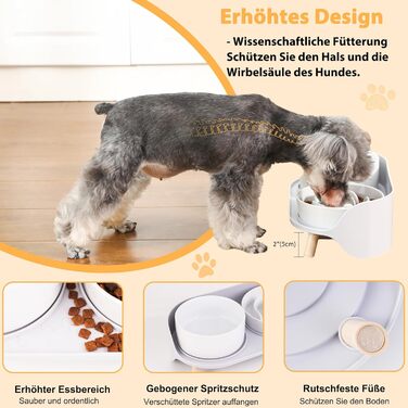 Набір мисок для собак з кераміки, піднятий на платформі: миска для повільного годування, набір з двох мисок для маленьких та середніх собак, годівниця та поїлка з антиковзним підставкою, колір - білий