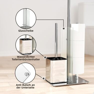 Stainless Steel Toilet Paper Holder Stand with WC Brush - Free Standing Toilet Brush and Toilet Paper Roll Holder with Glass Shelf (Silver)