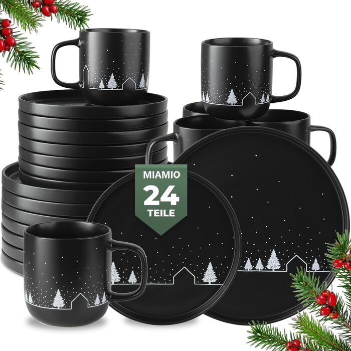 Набір чашок Miamio на Новий Рік, 4 шт, 500 мл, чорні / Кавові чашки для святкування, мінімалістичний зимовий дизайн, подарунок на Новий Рік, безпечні для миття в посудомийній машині та використання в мікрохвильовій печі – Зимова колекція