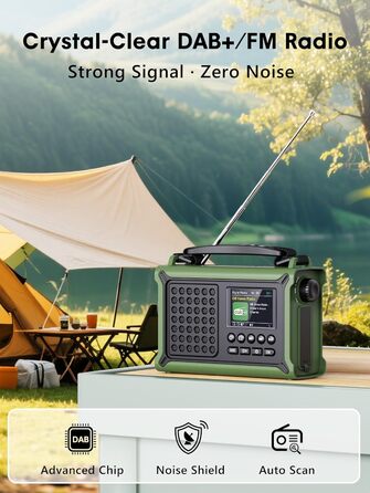 ROCAM Портативне радіо DAB+ з Bluetooth, 12000mAh, радіо з ручкою, сонячна панель 8500мм², 650mA, DAB/UKW, 2.4' дисплей, 80 станцій, LED ліхтарик, USB, SOS, IPX6, для надзвичайних ситуацій, зелене