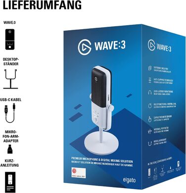 Мікрофон Elgato Wave:3 White - USB конденсаторний для стрімінгу, подкастів, геймінгу та роботи. З безкоштовним ПЗ