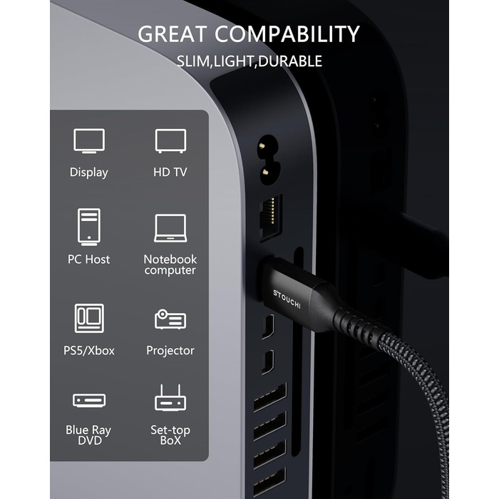 HDMI кабель Stouchi 2 м 8K 10K 4K Ultra High Speed 48Gbps 4K120 144Hz eARC HDR10 4:4 HDCP 2.2/2.3 Dolby, сумісний з Fire TV/Roku TV/PS5/Xbox Series X/Samsung/Sony/LG (2 шт., чорний)