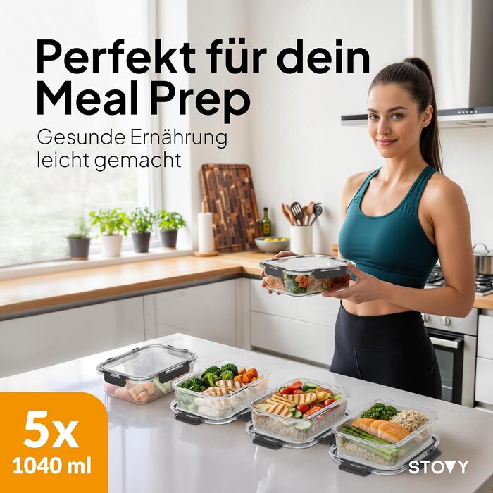 STOVY® Набори для приготування їжі Meal Prep Box - 5 контейнерів по 1040 мл з кришкою. Ідеально для повного раціону. Контейнери для зберігання їжі, придатні для мийки, мікрохвильової печі та морозильника.