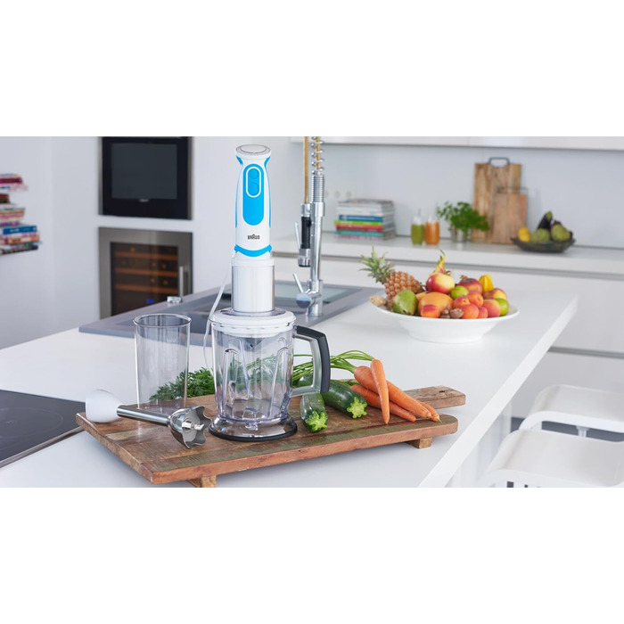 Блендер Braun MultiQuick 5 Vario MQ5260, 1000 Вт, з нержавіючою насадкою, спіралезрізувачем та аксесуарами, білий/синій