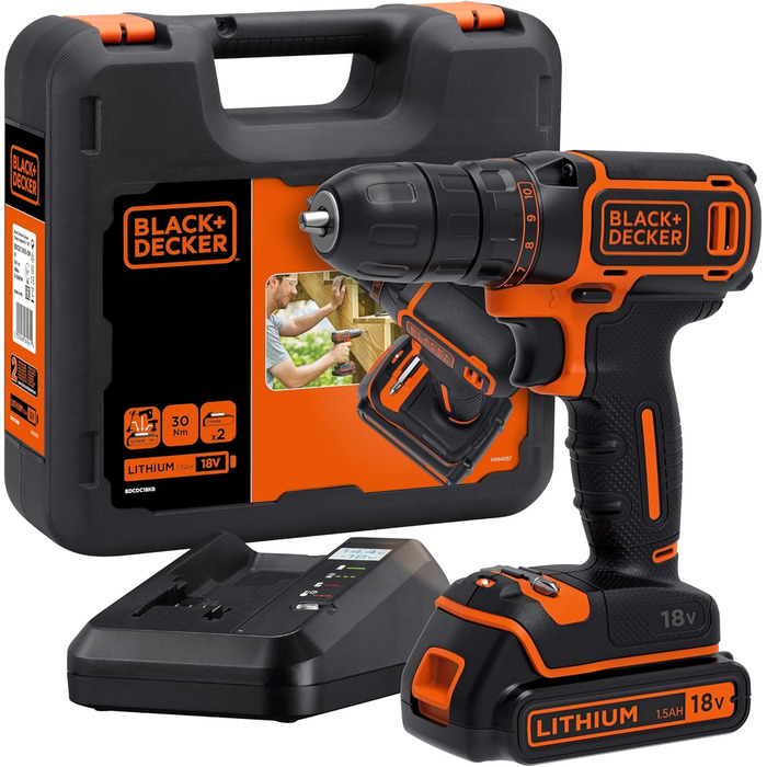 Акумуляторний дриль-шуруповерт Black+Decker BDCDC18K (18V, Li-Ion, 18V, 1.5Ah, LED, планетарне передаточне число, Softgrip)