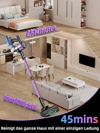 Бездротовий акумуляторний пилосос 45000 Па/500 Вт/45 хв з LED-дисплеєм та щіткою проти намотування, висувний шланг 73 см для твердих поверхонь, килимів, шерсті тварин, фіолетовий