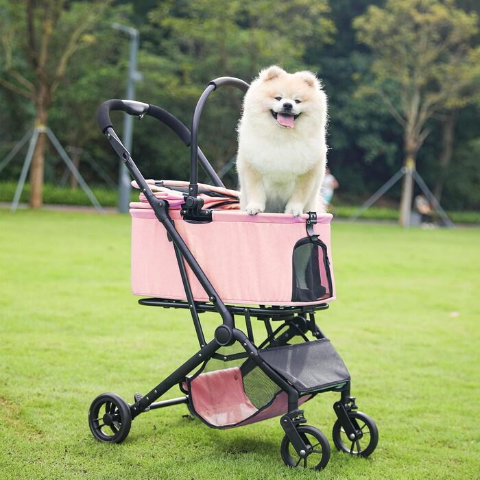 Візок для собак 2-в-1 з віднімним кошиком, складний візок для цуценят для собак та котів, 4 колеса з кишенькою для зберігання, візок для тварин з поворотними на 360° передніми колесами для подорожей на відкритому повітрі (Рожевий)