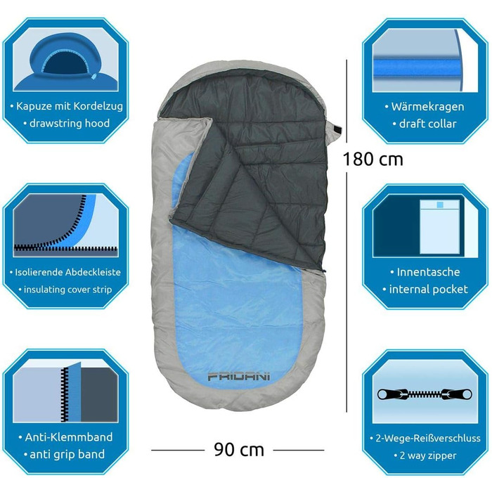 Fridani Kids Sleeping Bag PB 180x90cm XXL Quilt Sleeping Bag -12°C Blue Warm Water-Repellent Washable
