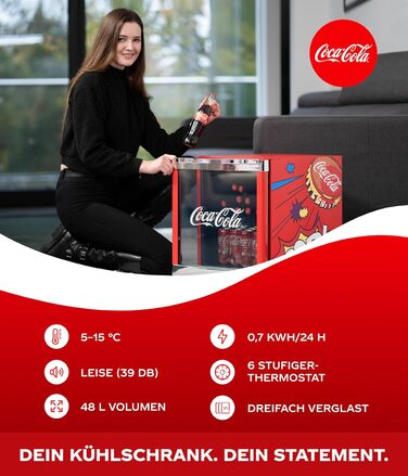 Холодильник Coca-Cola PopArt Mini (48L) - Кольоровий міні-холодильник з дверцятами зі скла, тихий та енергоефективний. Ідеально для офісу, вечірок та геймінгу. Для напоїв.