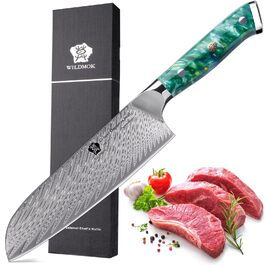 Японський кухонний ніж Santoku WILDMOK 17 см, сталь VG10 Дамаск, зелена рукоятка, професійний ніж для кухні