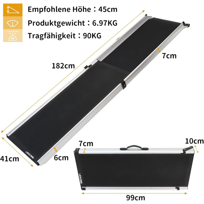 Рампа для собак Liekumm, телескопічна, до 90 кг, 99-182 см, алюміній, для легкових автомобілів, позашляховиків, вантажівок