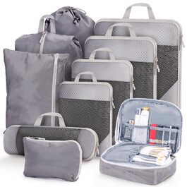 Набір органайзерів для валізи 10 шт. Packing Cubes з компресією, сірі. Організатори для подорожей, дорожні сумки, органайзери для одягу у валізу та рюкзак