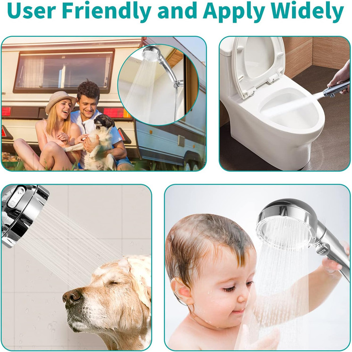 MIAOHUI Modern Handheld Showerhead with On/Off Switch, High-Pressure Showerhead with Handheld, 3 Spray Settings, Detachable Showerhead with Hose, Adjustable Shower Holder (Brushed Nickel) (Chrome)