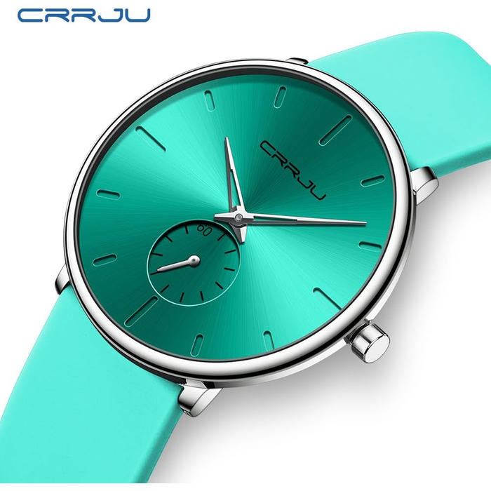 Годинник чоловічий CRRJU з силіконовим ремінцем, ультратонкий, водонепроникний, мінімалістичний, спортивний, кварцовий, світло-зелений