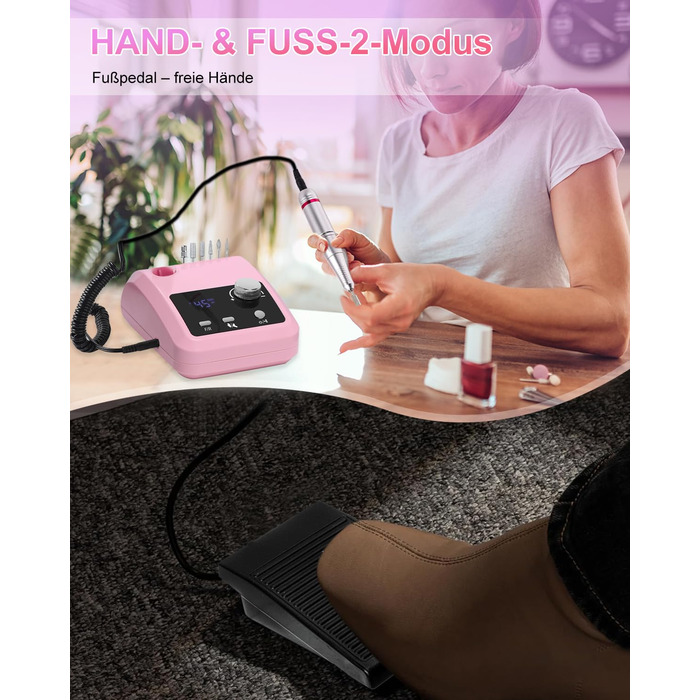 Електрична машинка для манікюру та педикюру CozyZen Professional: набір для догляду за нігтями з LCD-дисплеєм, керуванням рукою та ногою, тиха робота (рожевий)