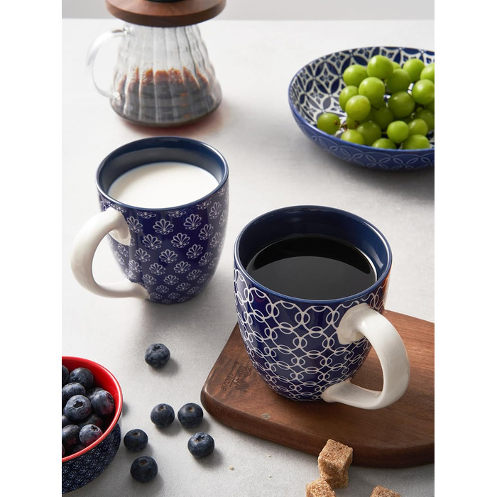 DOWAN Coffee Mug Set, 6 x 560 ml Porcelain Coffee Cups, Large Cups in Chinese Traditional Pattern Style for Coffee, Milk, Tea & Hot Chocolate, Coffee Mug Blue and White