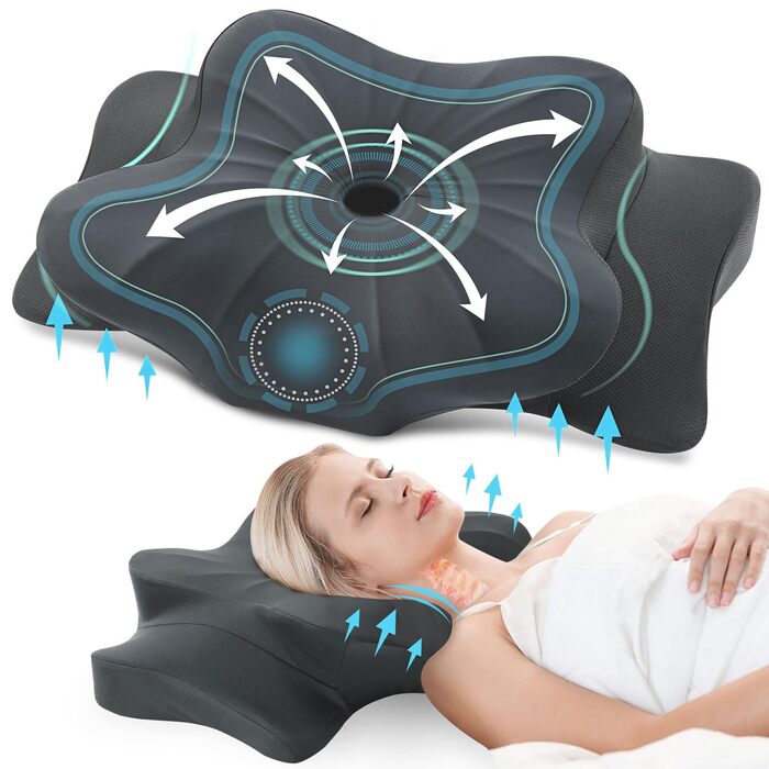 Подушка для шиї DONAMA з піни Memory Foam з підлокітниками, 6 зон підтримки, охолоджуюча, дихаюча, 70x42x14 см, темно-сіра