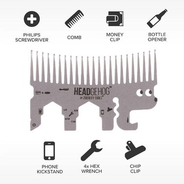 Hedgehog Pocket Comb, Multifunction Tool, Bottle Opener, Silver-Colored