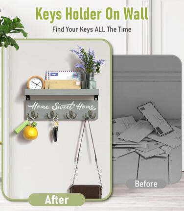Key board with shelf, wooden key holder with 4 hooks, wall-mounted key rack for entryway, hallway, bedroom, living room, White (Green)