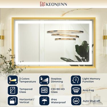Дзеркало для ванної кімнати Keonjinn з підсвічуванням, чорний металевий каркас 60x80 см, LED, антизапар, сенсорне керування, 3 кольори світла, регулювання яскравості, пам'ять, настінне дзеркало