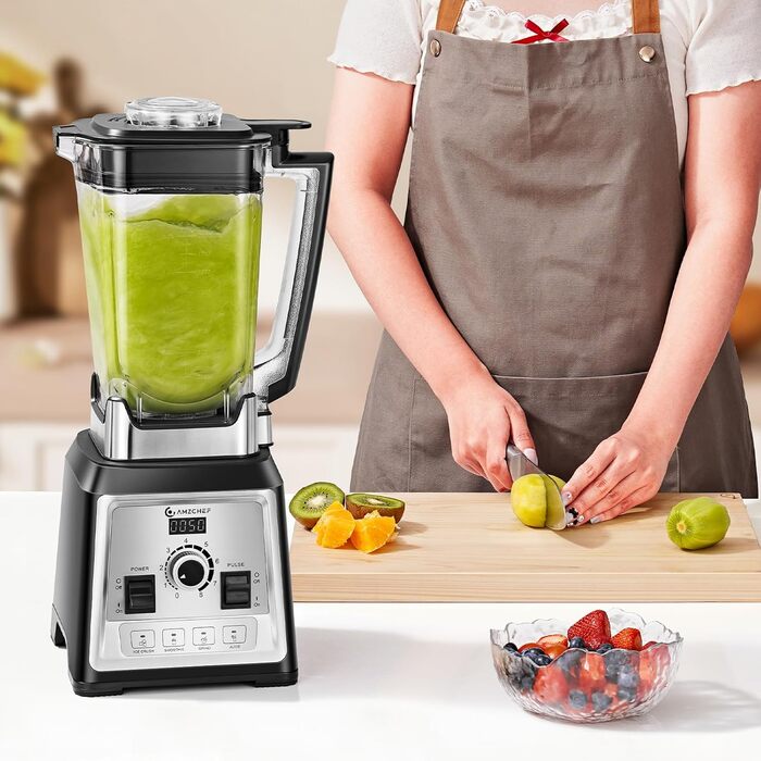 AMZCHEF 2000W Stand Mixer - 2L High-Power Blender with 8 Speeds & 4 Pre-Programs (Crushed Ice, Smoothies, Meat Mixing) - BPA-Free Black